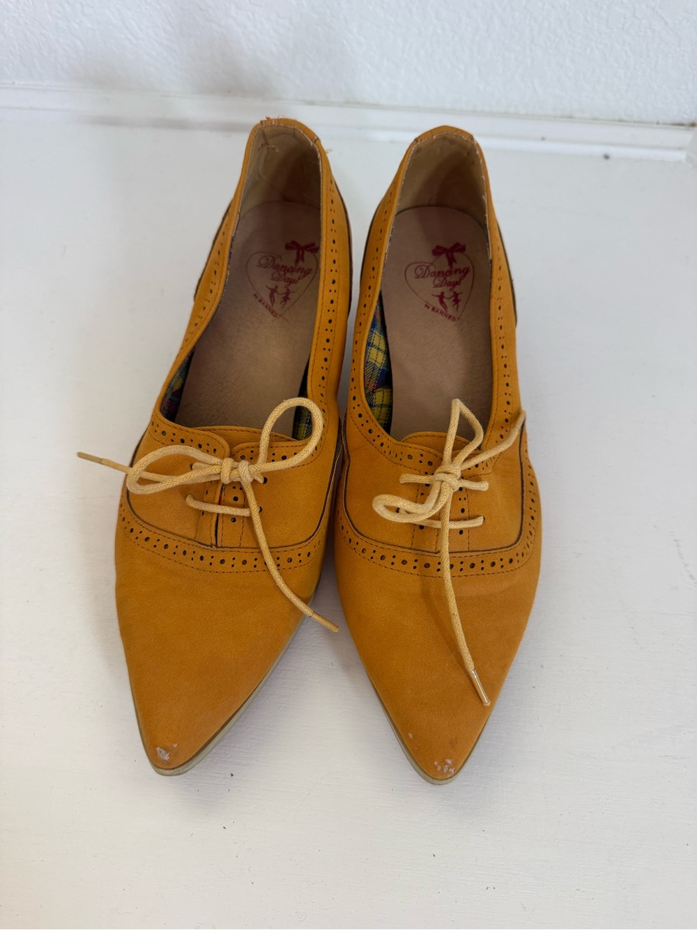 Vintage Banned Dancing Days Lace-Up Pointed Heels in Mustard Yellow